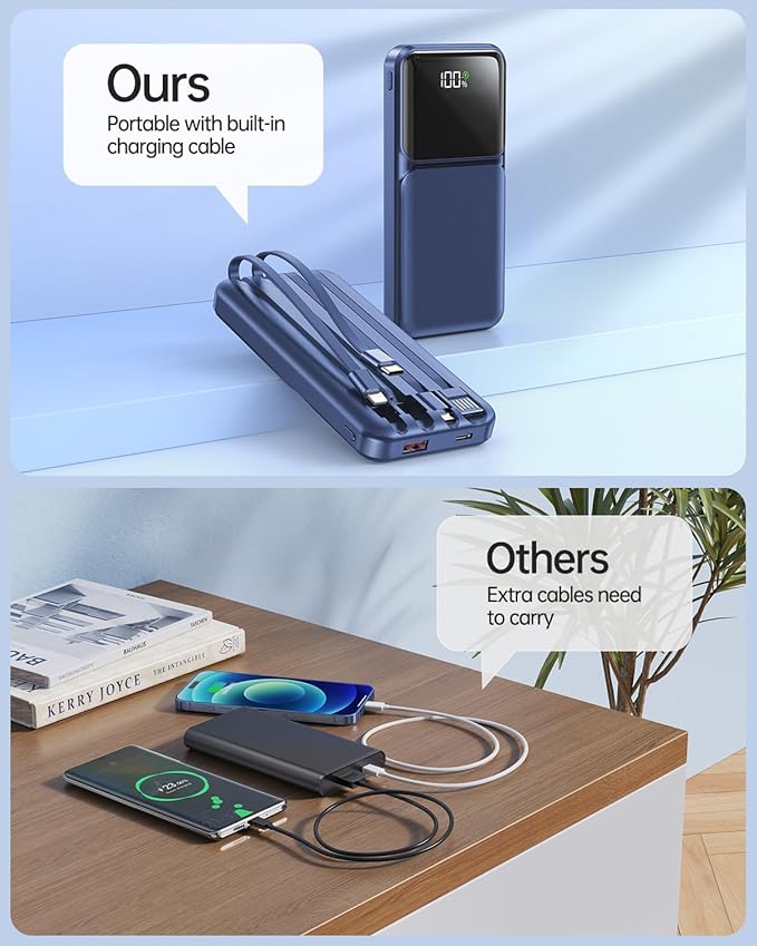 Portable Charger with Built in Cable 10000mah USB C Power Bank Fast Charging Travel Essential Battery Pack for iPhone Samsung Android iPad etc