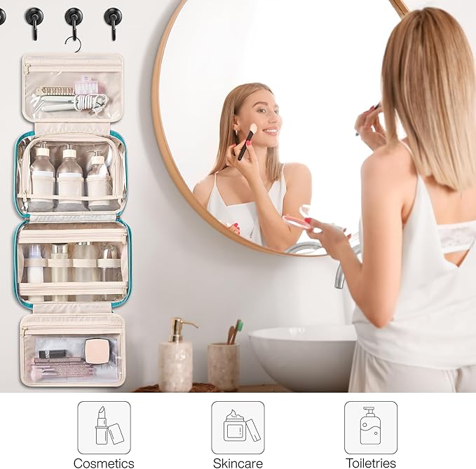 Hanke Hanging Travel Toiletry Bag for Women with Jewelry Organizer Compartment, Travel Essentials Toiletries and Makeup Bag, Water-Resistant & Stain-Resistant with Trolley Strap (Turquoise Green)