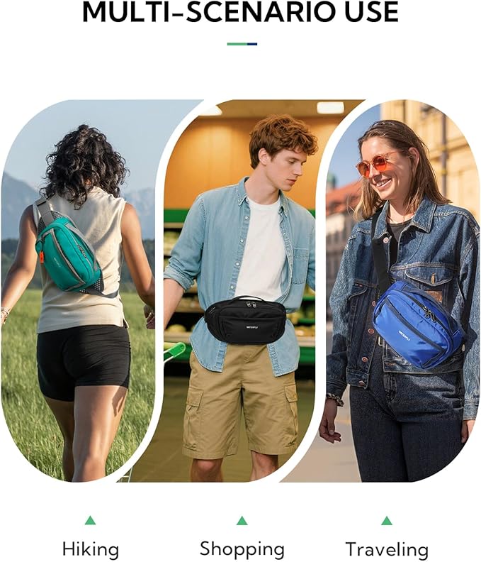 WATERFLY Fanny Pack Waist Bag: 2.3L Large RFID Blocking Crossbody Bags for Women Men, Breathable Casual Anti-Theft Hip Pouch for Traveling Walking Hiking-Navy Blue