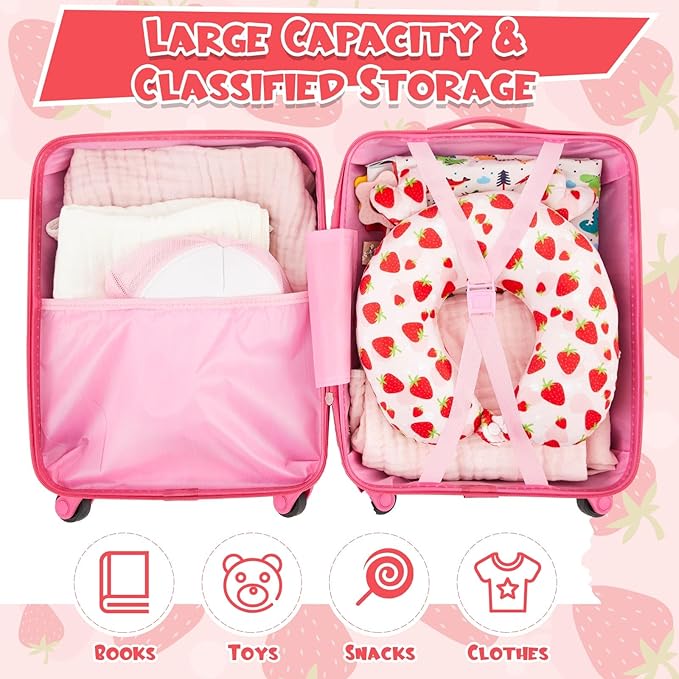 Sanwuta 4 Pcs Kids Luggage Set Backpack Travel Rolling Suitcase U-shape Pillow Christmas Children Gift for Girls Boys(17 Inch,Strawberry Style,Light Pink)