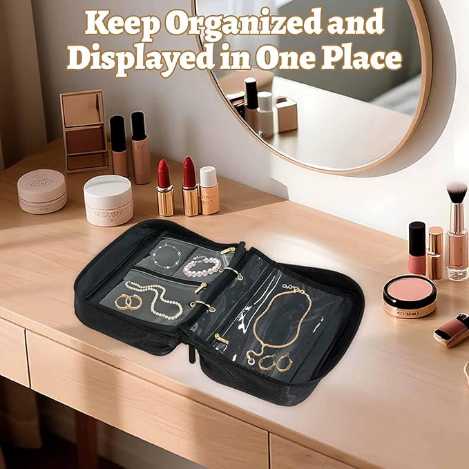 Travel Jewelry Organizer Case, Jewelry Storage Bag with Zipper Velvet Pockets, Portable Jewelry Case for Necklaces, Rings, Earrings, Bracelets