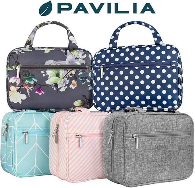PAVILIA Hanging Toiletry Bag Travel Bag Women Men, Foldable Cosmetic Organizer, Roll up Makeup Bag, Water Resistant Accessories Toiletries, Large Travel Essentials Kit (Navy Polka Dot)