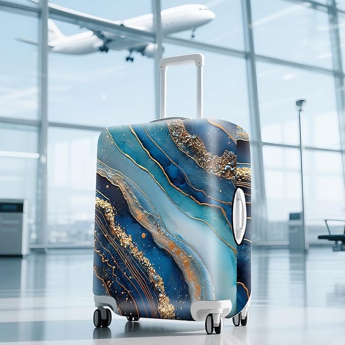 FOREVER QUEEN Luxury Golden Blue Marble Luggage Cover Suitcase Protector Suitcase Cover Anti-Scratch,Stretchable Bag Cover Washable Durable Polyester