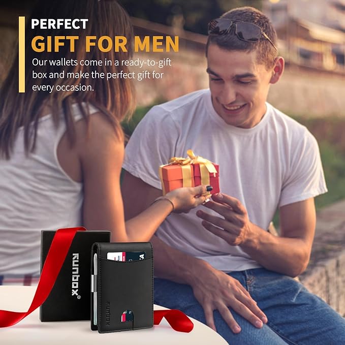 RUNBOX Money Clip Slim Wallets for Men RFID Blocking 11 Card Holder Minimalist Small Leather Bifold Men's Front Pocket Wallet Gift Box
