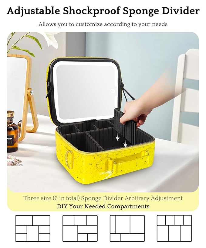 MOMIRA Travel Makeup Bag Cosmetic Bag with Lighted Mirror, Adjustable Brightness in 3 Color Scenarios/Detachable makeup mirror, 2024-All-round Upgrade, Waterproof, Gift for Women -Glett Yellow