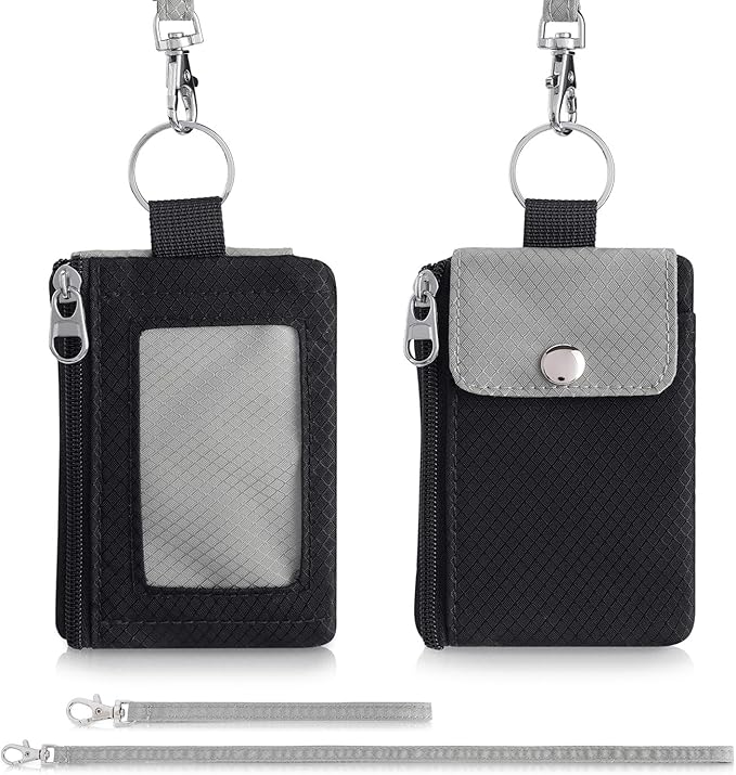 Minimalist Wallet For Mens Womens, Keychain RFID Blocking Zipper Small Wallet with ID Window 2 Lanyards,Water Resistant Travel Cash Card Coin Case Boys Girls