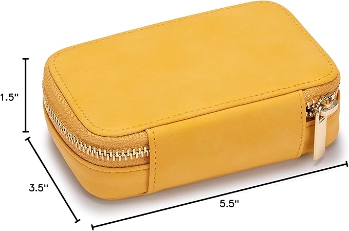 HISCOW Vegan Leather Travel Jewelry Case with Zipper - Portable Necklace & Earring Holder Organizer for Women Girls, Velvet-Lined Ring Box with Anti-Tarnish Design, Yellow