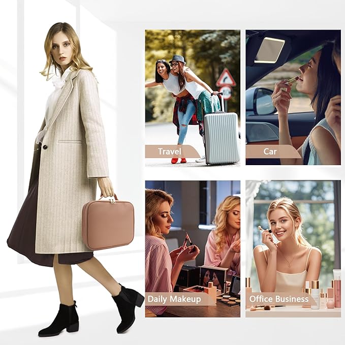 Travel Makeup Bag for Makeup Artists Large Makeup Case,with Mirror 3 Color Setting and Detachable 10x Magnifying Mirror Travel Makeup Bag,Portable Storage and Adjustable Dividers(khaki)