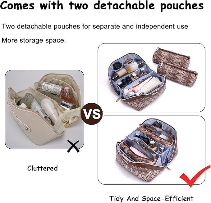 BOYATU Travel Makeup Bag for Women: Western Boho Make up Bag Set of 3 - Large Capacity Vegan Leather Cosmetic Bag - Waterproof Toiletry Bag with Compartments & Handle & Divider(J-2-Brown)