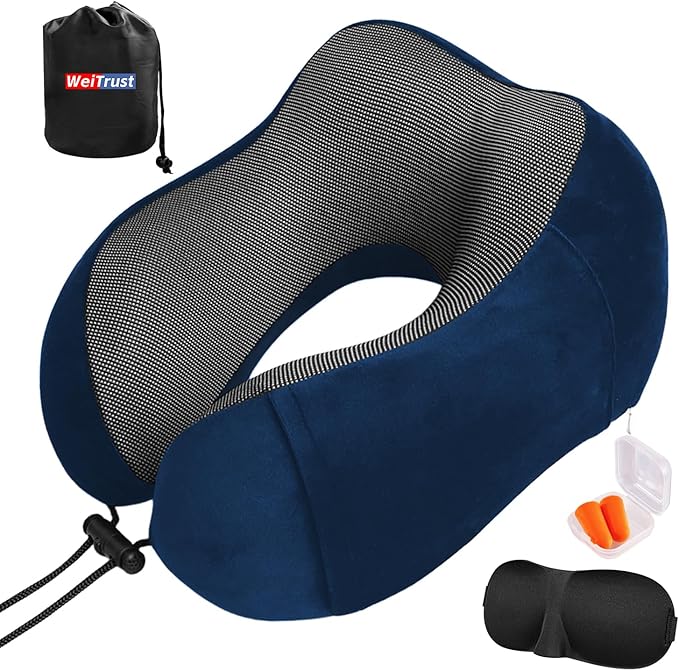 Travel Neck Pillow for Airplane, Memory Foam Travel Pillow for Long Flights & Car Rides - Ergonomic Support with Eye Mask & Ear Plugs (Blue and Gray)