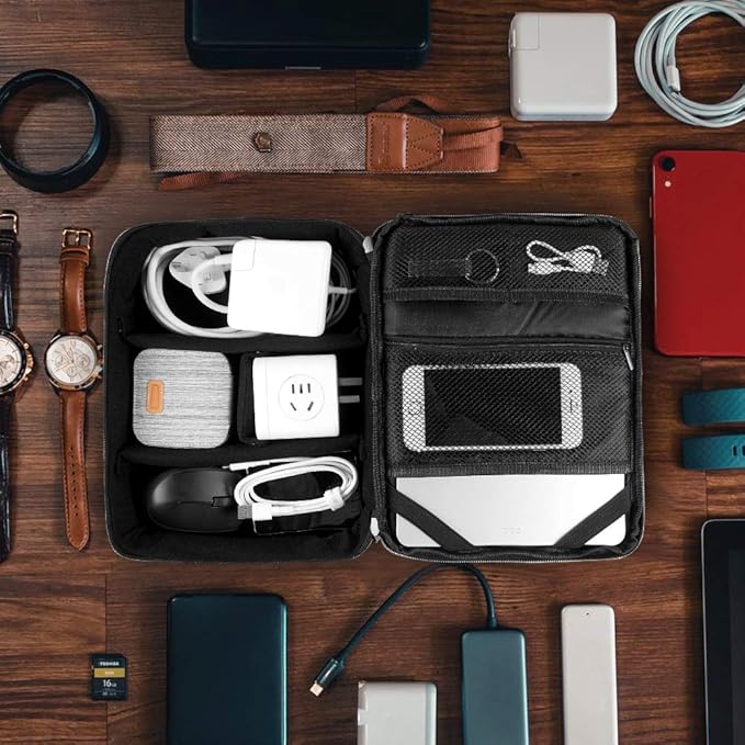 Travel Electronics Organizer, Waterproof Cable Organizer Bag for Electronic Accessories Double Layer Large Shockproof Cable Storage Bag for Cord, Power Bank, Tablet(Up to iPad 11 inch) - Black