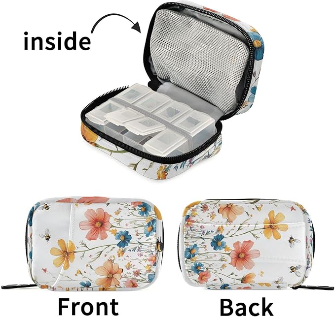 Pill Organizer Box Case Weekly Travel Pill Container Cute Pill Holder 7Day Vitamin Organizer Pill Dispenser Sorter Planner Storage Small Compact Red Wildflower Bees22