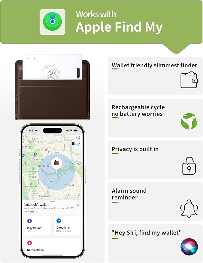 LULULOOK Wallet Tracker Card (iOS Only), Ultra Slim Airtag Wallet Works with Apple Find My, Wireless Rechargeable GPS Smartcard Tracker for Luggage, Tags, Passport, Purse, IP68 Waterproof, 3 Pack