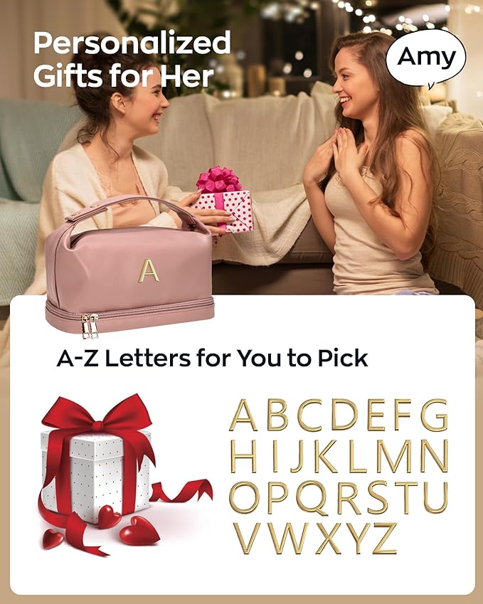 Wedding Gift-Travel Essentials, Presents for Women Makeup Bag with Handle, Initial Cosmetic Bag with Makeup Brush Organizer, PU Leather Travel Toiletry Bag, Gifts for Friends Female Mom