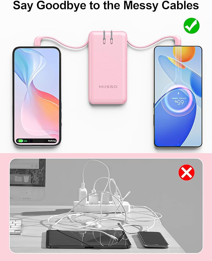Ultra Slim 10000mAh Power Bank Built-in Cables and Foldable AC Wall Plug, Pocket Size USB C Portable Charger, External Battery Pack Compatible with iPhone Samsung iPad etc, Pink