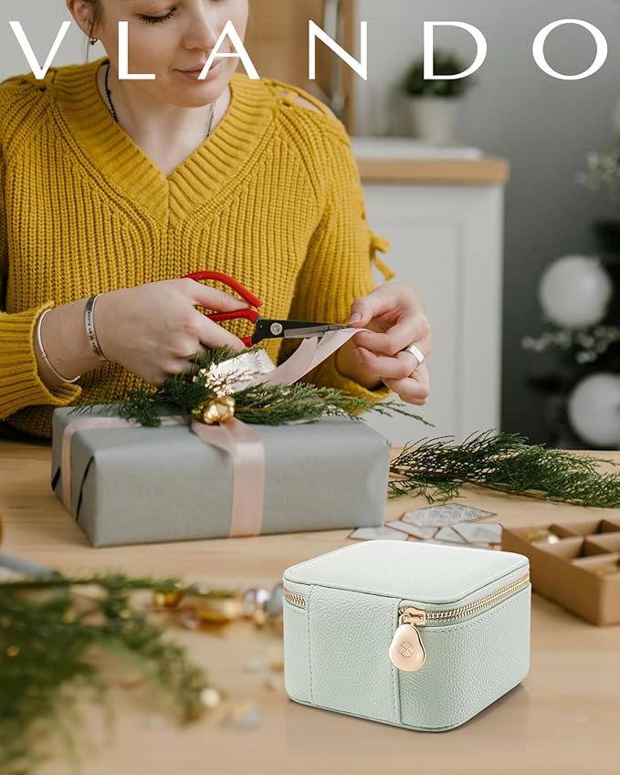 Vlando Jewelry Box with 6 Velvet Jewelry Bags Travel Jewelry Case for Women Girl Premium Petal Hardware Jewelry Organizer Necklace Rings Earrings Bags Bride Teacher Mom Gifts-Mint Green