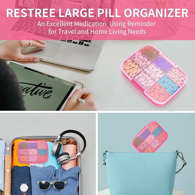 Restree Large Pill Organizer, Moisture Proof & Waterproof Travel Pill Case, Portable Medication Box with Adjustable Dividers for Vitamins Supplements Fish Oil and Daily Pills 9 Compartments (Pink)
