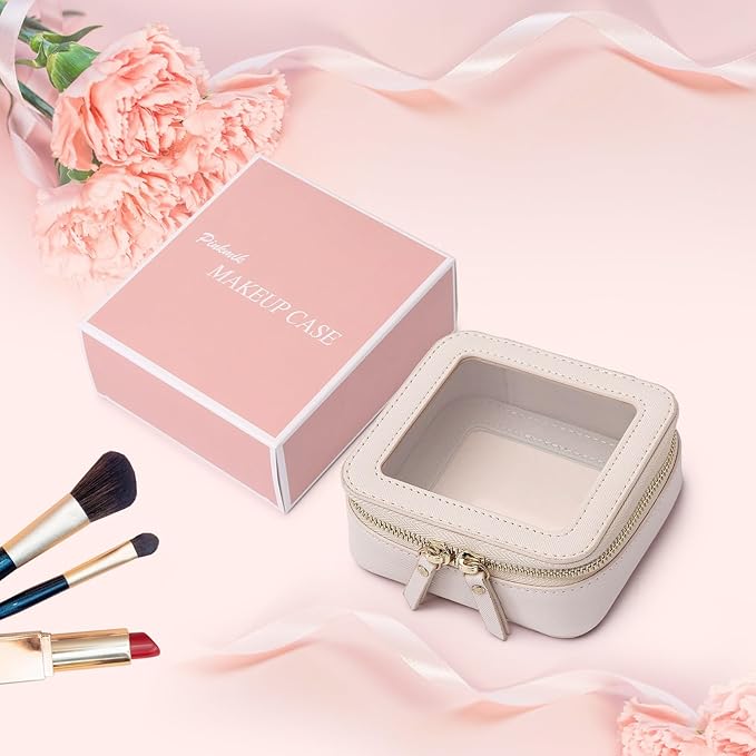 Pinkmik Small Makeup Bag Mini Clear Cosmetic Makeup Case & Toiletry Bag with Zipper Women's Purse Organizer & Car Essentials (Beige, MINI-1)