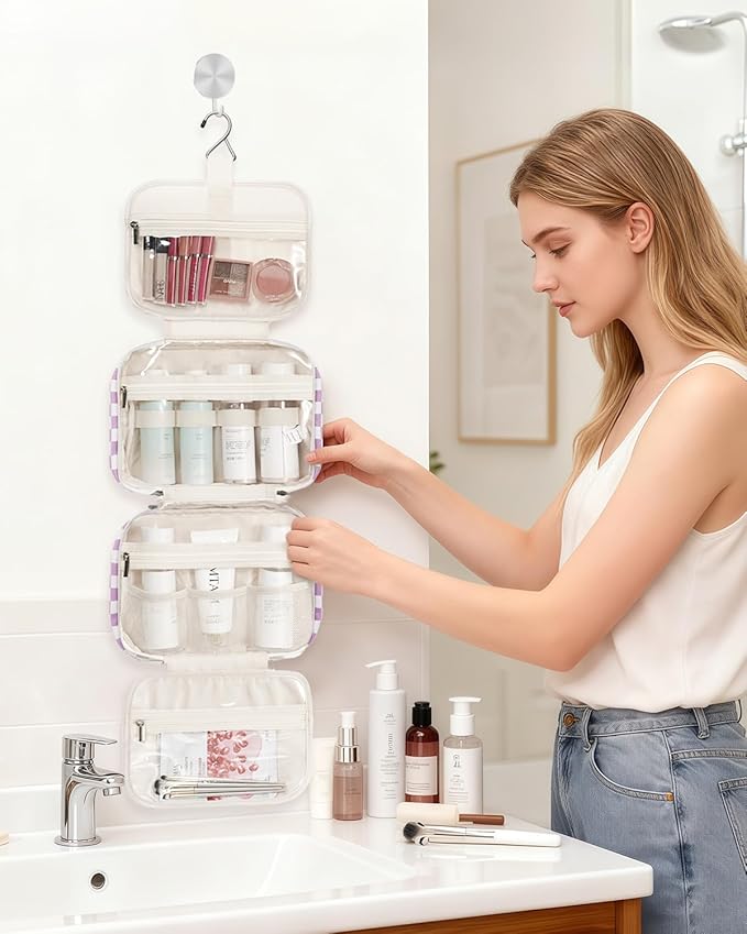 Narwey Hanging Toiletry Bag for Women Travel Makeup Bag Organizer Toiletries Bag for Travel Size Essentials Accessories Cosmetics (Purple Checkerboard (Medium))