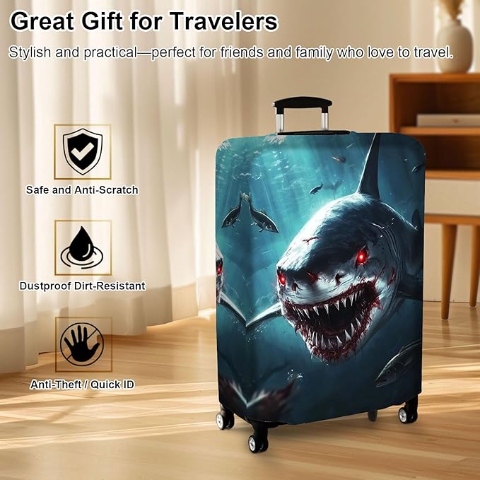 Luggage Cover Protector for 26-28 Inch Suitcases, TSA Approved Elastic Travel Suitcase Covers, Anti-Scratch Washable Luggage Sleeve for Carry On & Checked Bags, Fierce Shark