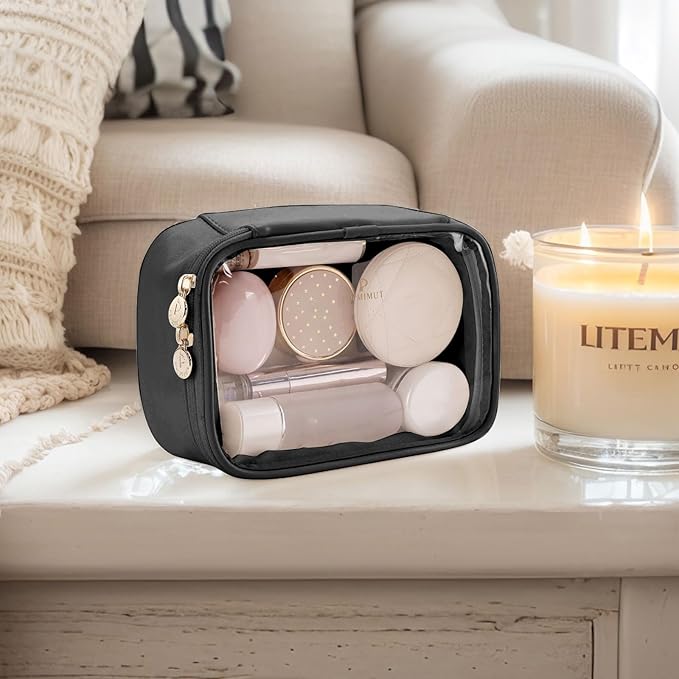 Pocmimut Small Makeup Bag,Clear Make Up Bag Organizer Carry-on Travel Essentials,TSA Approved Toiletry Bag Clear Cosmetic Bags for Women Men,Black