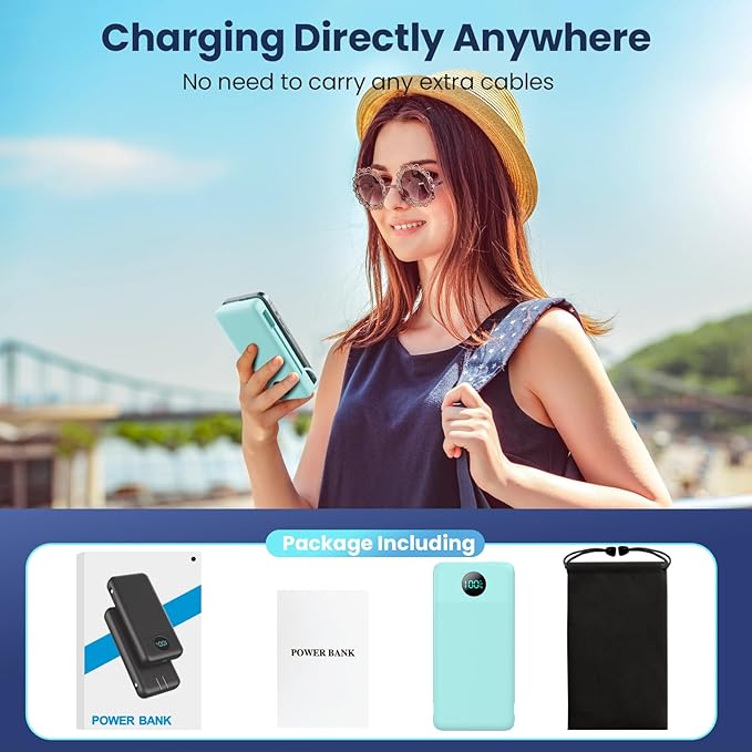 Portable Charger 33800mAh USB C Power Bank with Built-in Cables & AC Wall Plug,25W Fast Charging+QC 4.0 Phone Charger,4 Output Travel Essentials Battery Pack for iPhone16/15/14/13,Samsung,Android etc