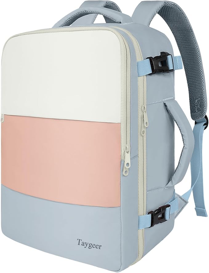 Taygeer Carry on Backpack for Women, Personal Item Travel Bag with USB Port, 15.6 Inch Laptop Compartment, TSA Approved Weekender Backpack for Business Hiking, Beige Gray Pink