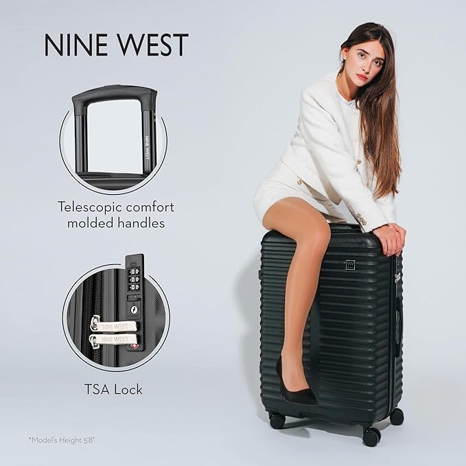 Nine West Suvi 28 Inch Hardshell Spinner, Large Expandable Checked Luggage, Extra Capacity Suitcase for Extended Travel Midnight Black