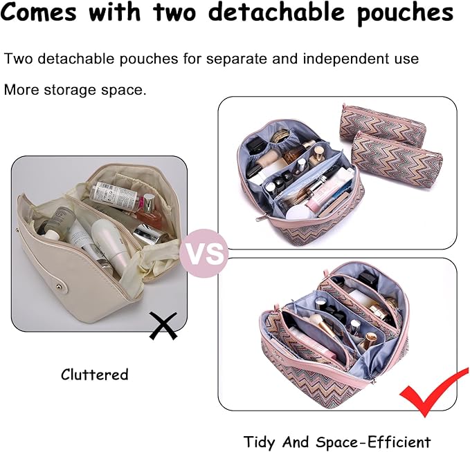 BOYATU Travel Makeup Bag for Women: Western Boho Make up Bag Set of 3 - Large Capacity Vegan Leather Cosmetic Bag - Waterproof Toiletry Bag with Compartments & Handle & Divider(J-1-Pink)