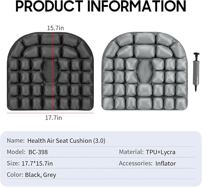 Travel Cushion for Airplane - Inflatable Seat Cushion for Long Flights, Perfect for Office Chairs, Wheelchairs, Car Seats & Outdoor Cushions Black Air-Filled 17.7x15.7 inches (Black)