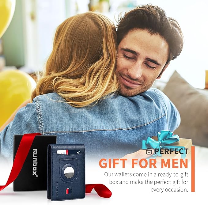 RUNBOX AirTag-Wallet-Mens-Slim-RFID Blocking Wallets Leather with Bill Compartment Air Tag Bifold Card Holder Wallet Gifts for Men Dad