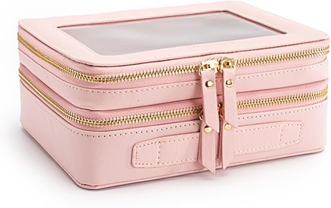 Aveniee XL Clear Makeup Organizer,Double Layer Travel Cosmetic Case with Brush Holder & Zippered Compartments, Large Toiletry Bag Train Case for Women.2 Layers, Pink