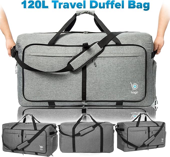 Bago Large Foldable Duffel Bags for Traveling Women & Men - 120L Packable Duffle Bag for Travel with Shoe Compartment - Water Repellant, Heavy Duty, Lightweight Folding & Collapsible (SnowGray)