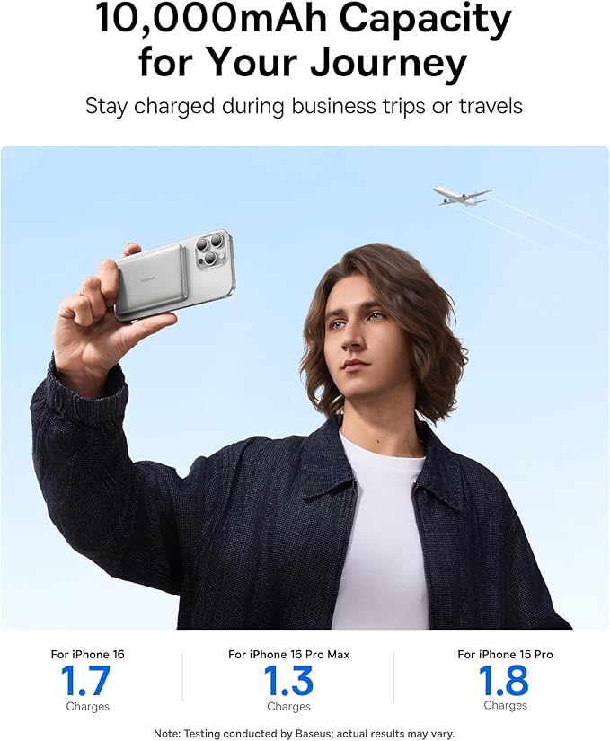 Baseus Picogo Magsafe Portable Charger, Qi2 Certified 0.5" Ultra Slim 15W Wireless Power Bank, 10000mAh 27W Fast Charging Magnetic Battery Pack with USB-C for iPhone 17/16/15/14/13/12 Series Only