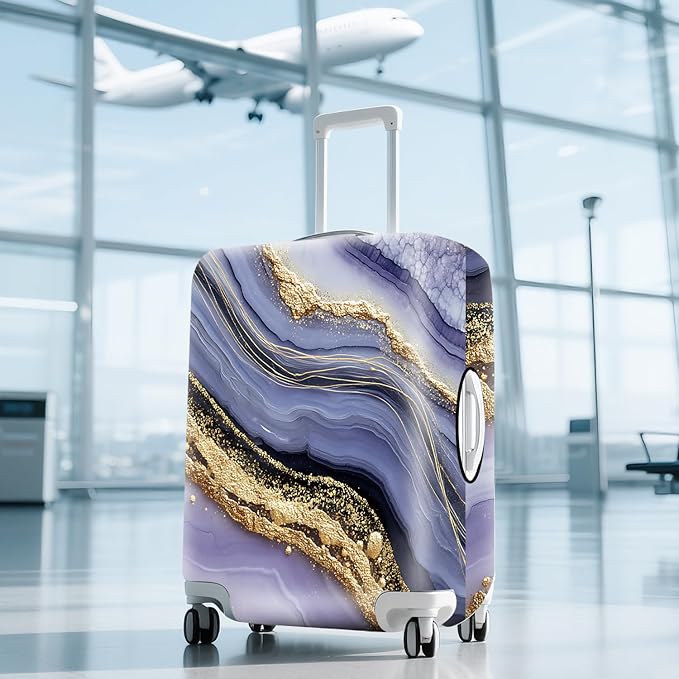 FOREVER QUEEN Luxury Golden Purple Marble Luggage Cover Suitcase Protector Suitcase Cover Anti-Scratch,Stretchable Bag Cover Washable Durable Polyester