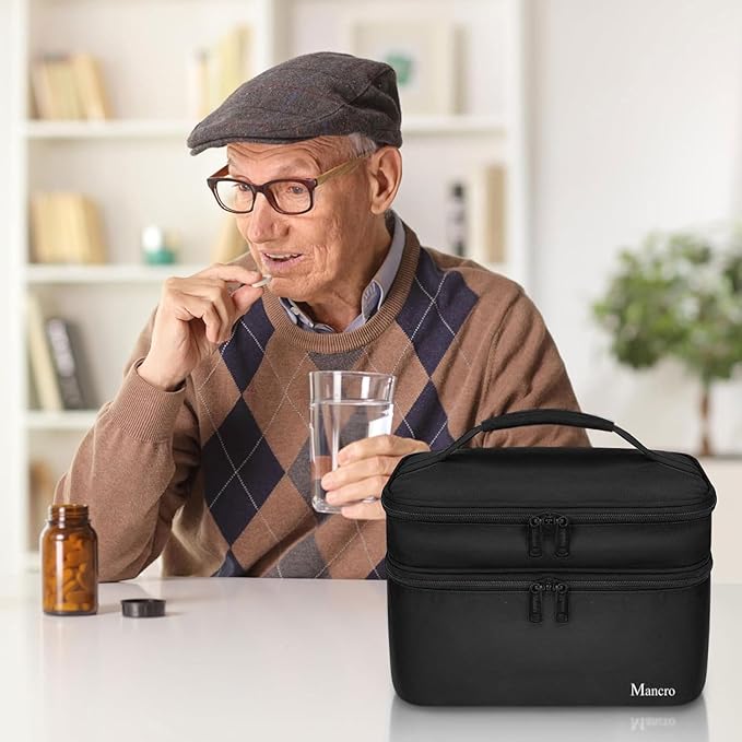 Mancro Dual Layers Medicine Organizer Bag, Pill Bottle Organizer Storage with Lockable Zipper, Medication Travel Bag for Pills, Vitamins, Medical Supplies for Home Storage, Black