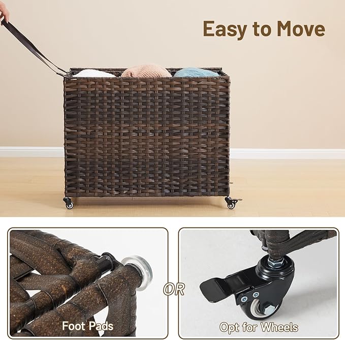 Laundry Hamper with Wheels, 52.8 Gallon(200L) Rolling Laundry Basket with Lid, Removable Large 3 Color Liners & 3 Mesh Laundry Bags, Clothes Hamper with Side Pocket, Brown