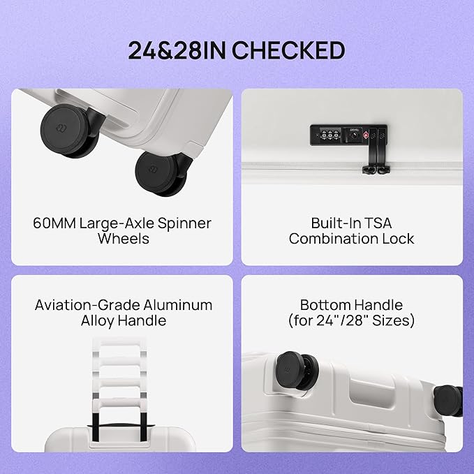 NINETYGO Medium Checked Luggage 24 Inch, Top Opening Luggage Checking In Luggage, Expandable, PC Hard Shell, Larger Capacity Checked, TSA Lock, 360° Spinner Wheels (White)