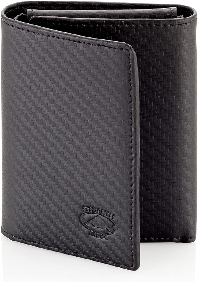 Stealth Mode Trifold Wallet - RFID Blocking Wallet with Flip ID Holder - Leather Case for Money, Credit Cards - Mens Organizer, Divided Billfold, Identity Protection - Men's Gifts (Carbon Fiber)