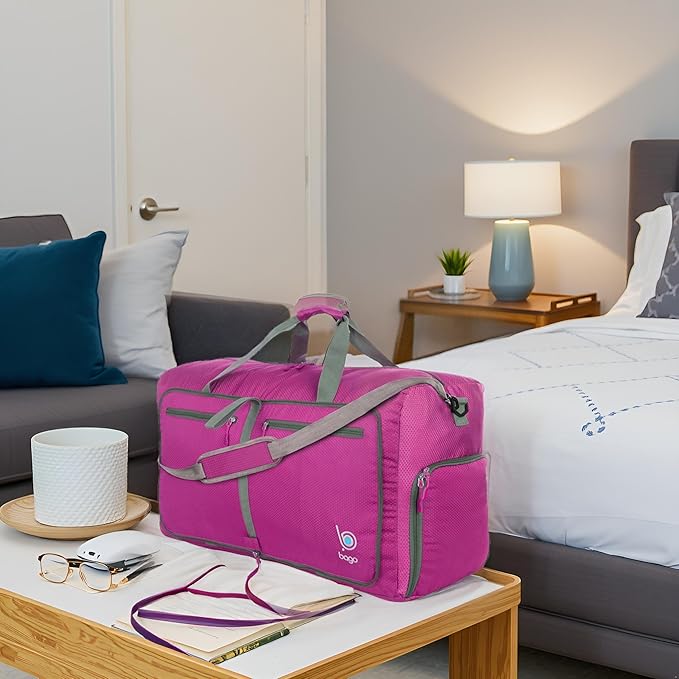 Bago Foldable Duffel Bags for Traveling Women & Men - 60L Medium Packable Duffle Bag for Travel with Shoe Compartment - Water Repellant, Heavy Duty, Lightweight Folding & Collapsible (Pink)