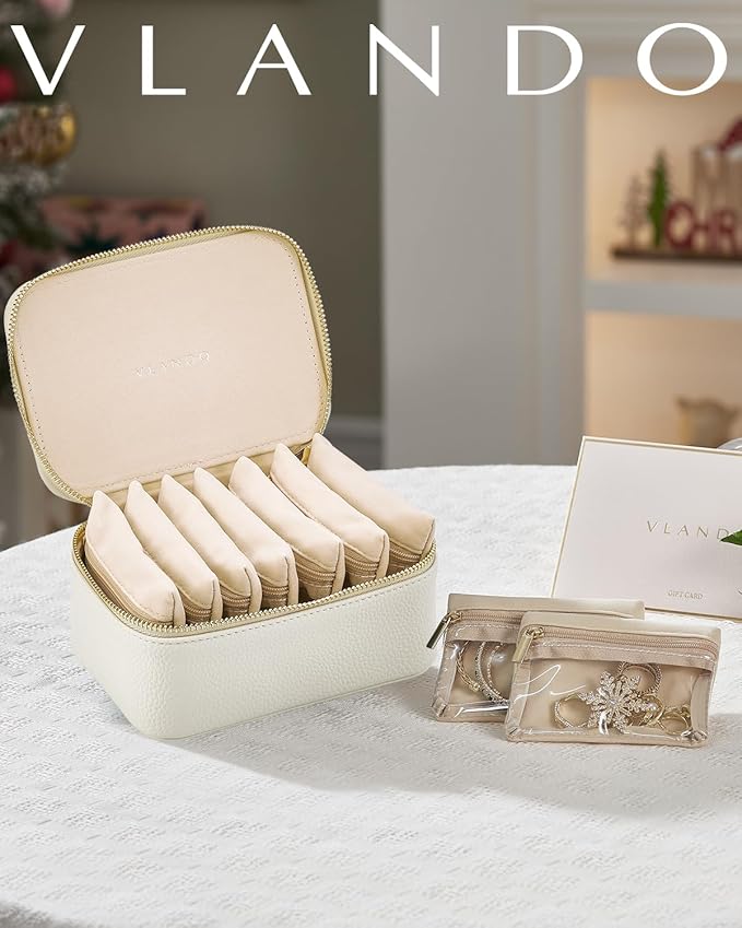 Vlando Travel Jewelry Case with 8 Velvet Jewelry Bags Jewelry Travel Organizer Box for Girls Jewelry Box for Rings Earrings Christmas Anniversary Birthday Gifts for Women (White)