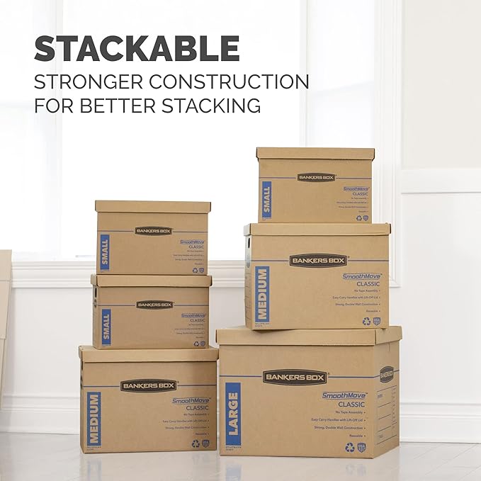 Bankers Box Large Classic Moving Box 10 Pack, Reinforced Handles, Tape-Free Assembly, Box with Lid, 21-in x 17-in x 17-in (7718202)