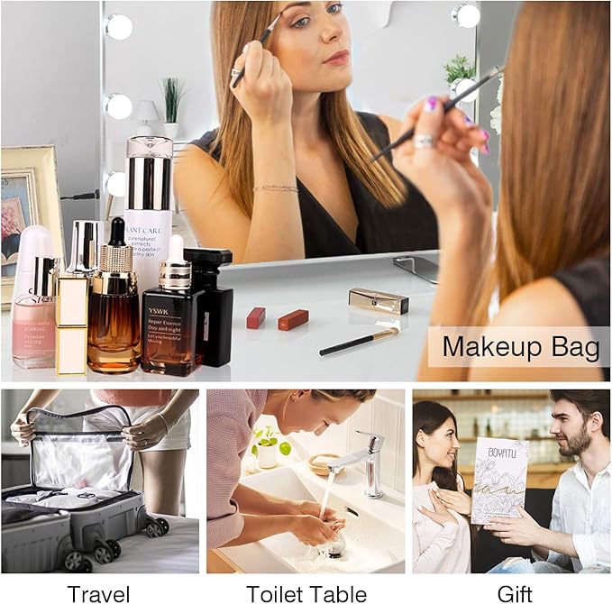 BOYATU Travel Makeup Bags Cosmetic Organizer Bag: Quilted Make up Bag Set of 3 - PU Leather Toiletry Bags for Women - Portable Makeup Organizer with Compartments & Handle & Divider(14 Brown)