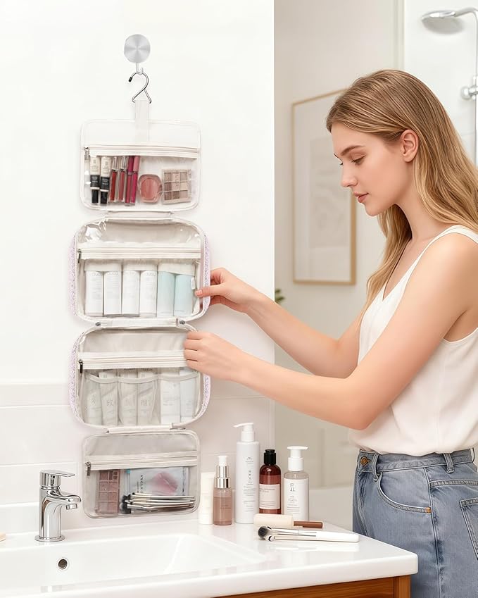 Narwey Travel Toiletry Bag for Women Large Hanging Makeup Bag Organizer Toiletries Bag for Full Size Essentials Accessories Cosmetics (Pink Flower Buds (Large))