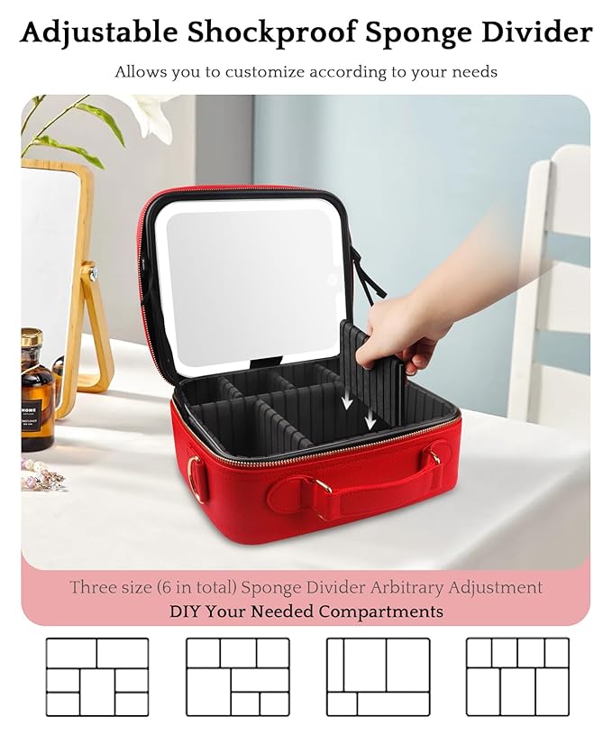 MOMIRA Travel Makeup Bag Cosmetic Bag with Lighted Mirror, Adjustable Brightness in 3 Color Scenarios/Detachable makeup mirror, All-round Upgrade, Waterproof, Gift for Women -Red