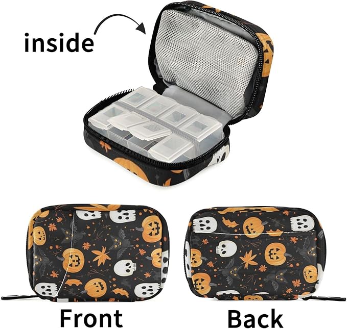 Pill Organizer Box Case Weekly Travel Pill Container Holder 7Day Cute Vitamin Organizer Dispenser Sorter Planner Storage Small Compact Halloween Skull and Pumpkin Black Cats16