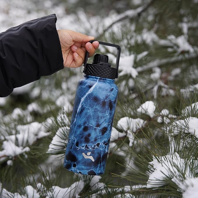 22oz Stainless Steel Bottles with 3 Lids Sport Insulated Water Bottle,Marble Midnight