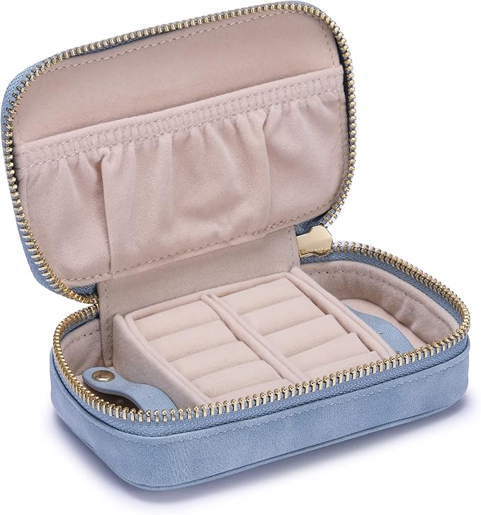 HISCOW Vegan Leather Travel Jewelry Case with Zipper - Portable Necklace & Earring Holder Organizer for Women Girls, Velvet-Lined Ring Box with Anti-Tarnish Design, Baby Blue