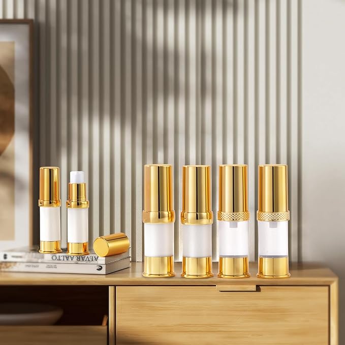 Golden Airless Pump Bottle Travel Set with Box Refillable Cosmetic Vacuum Pump Bottle Such as Hand Soap,Toner,Foundation,Hair Oil,Lotion and Cream (Golden, 5ml-10ml-20g)