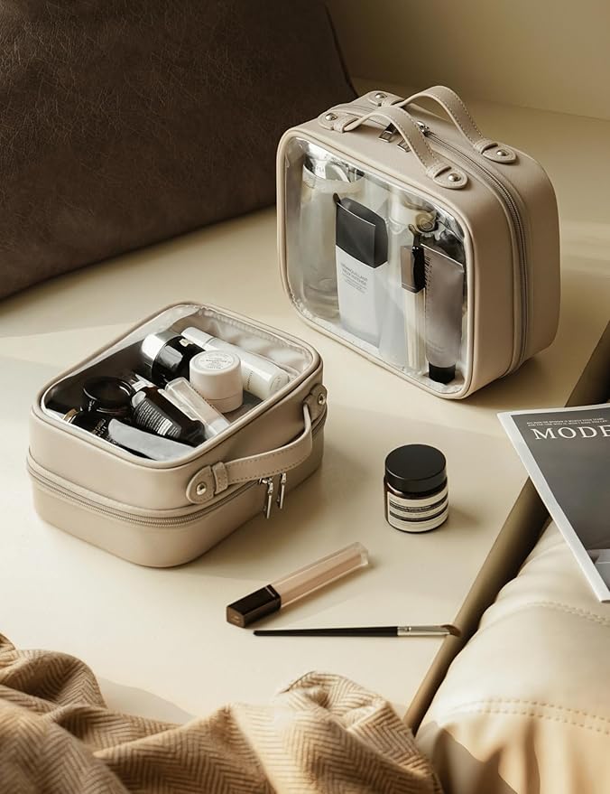 Clear Cosmetic Bag Double Layer Travel Toiletry Bag Clear Makeup Bag Case with 4 Compartments, Transparent Travel Bag for Toiletries, Large Toiletry Bag for Women Cosmetic Case (Taupe, Large)